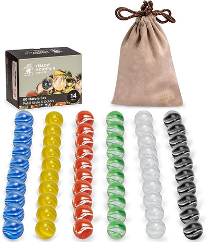 Yellow Mountain Imports 60 Pieces Translucent Chinese Checkers Glass Marbles with Petal Design - 14 Millimeters