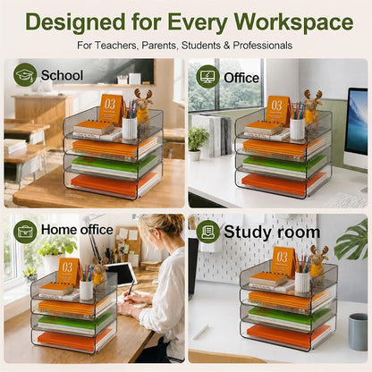 FANXIYQ 4-Tier Acrylic Paper Tray Organizer, Clear & Brown Paper Organizer | Stackable, Tool-Free Design with 2-4 Tiers for A4 Paper, Files, Books and Mail; Ideal for School, Home Office and Study Room