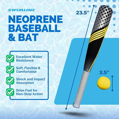 SWIMLINE Neoprene Pool & Beach Accessory for Active Group Play, Backyard Games, and Water Sports – Waterproof Soft Baseball & Bat Set, Black & Yellow