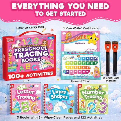 Doctor Jupiter Preschool Tracing Books for Toddlers, 3+ Year Old Kids |Learning Activity Books, Unicorn & Princess Educational Toys, 100+ Wipe Clean Preschool & Kindergarten Activities