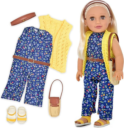 Dolls To Play 18 Inch Girl Doll, Fashion Doll with Fine Blonde Long Straight Hair for Styling, Blue Eyes, Jumpsuit, Knit Sweater, Sandals, Handbag, Clothes and Accessories Princess Doll for Kids