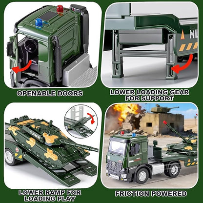 HAPYAD Green Military Big Truck Set Metal Cab, Semi Truck with Trailer, Tank, Missile Tank, Die-cast Army Vehicles Toys with Lights & Sounds, Ideal Gift for 3 4 5 6 7 Years Old Boys Kids Toddlers