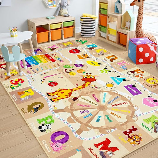 Chicrug Educational Kid Area Rug for Playroom, 4x6 Feet TPR Non Slip Kids Classroom Carpet Rug for Learning ABC Animal, Shape Color Fruit, Washable Play Mat Rug for Children Nursery Toddler Room Decor