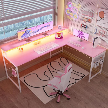 Pamray 64 Inch L Shaped Gaming Desk with Monitor Stand and Power Outlets | Large Corner Computer Desk With Pegboard & Led Lights USB Charging Ports for Home Office Study and Writing Bedroom and Dorms