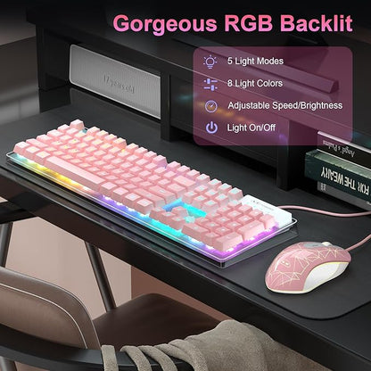 Gaming Keyboard and Mouse Combo, K1 RGB LED Backlit Keyboard with 104 Keys Computer PC Gaming Keyboard for PC/Laptop (Pink)