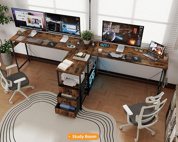 YOSHOOT 2 Person Computer Desk, 87" Long Gaming Desk for 2 People | Double Desk with 3 Fabric Drawers and 2 Power Outlets, Home Office Table for Adults and Teenagers, Rustic Brown