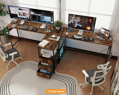 YOSHOOT 2 Person Computer Desk, 87" Long Gaming Desk for 2 People | Double Desk with 3 Fabric Drawers and 2 Power Outlets, Home Office Table for Adults and Teenagers, Rustic Brown