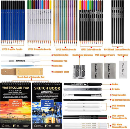 Drawdart Art Supplies Drawing Pencils Set - 76 Pack Pro Sketching Kit with Sketchbook & Watercolor Pad, Includes Graphite, Charcoal, Watercolor & Metallic Pencils for Kids, Teens, Adults