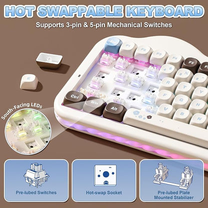 YUNZII C75 Cute 75% Wireless Mechanical Keyboard (Choco, Milk V2 Switch) | Creamy Cake Keyboard, BT5.0/2.4G/USB-C, Hot-Swap, NKRO, PBT MOA Keycaps,5500mAh RGB Gasket Mount for Mac/Win/Gaming/Office