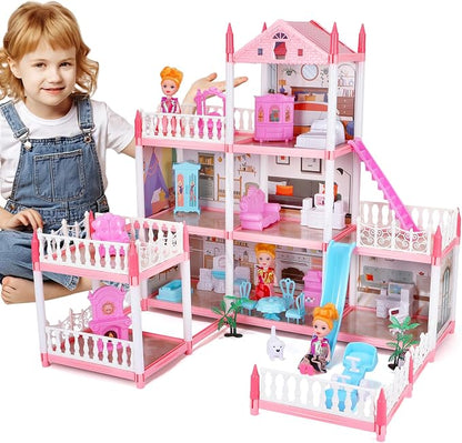 Pink Dollhouse Playset with Lights for Girls 6-12,Dream House with Garden, 3 Dolls 9 Rooms,Pet Dog and Furnitures,Indoor Playset Toys,Great Birthday Gift for Girls.