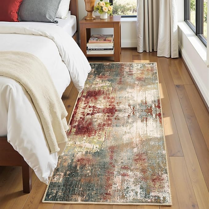 RELEANY Washable Area Rugs 2'x8' Non-Slip Modern Abstract Soft for Living Room Entryway Bedroom Kitchen, Print Pattern, Brown Rust Red Green Blue Multi