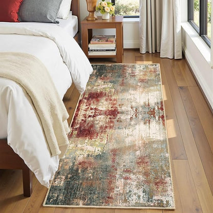 RELEANY Washable Area Rugs 2'x8' Non-Slip Modern Abstract Soft for Living Room Entryway Bedroom Kitchen, Print Pattern, Brown Rust Red Green Blue Multi