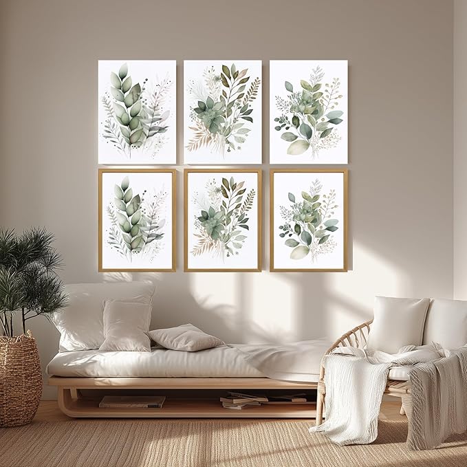 LLEEMPI Sage Green Wall Art Set of 3, Modern Watercolor Botanical Wall Decor, Eucalyptus Leaf Canvas Painting, Classic Minimalist Florals Poster Print for Bedroom Bathroom Office 12x16 Inch Framed Included (Total Size)