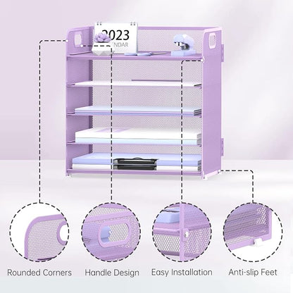 Supeasy 5 Trays Paper Organizer Letter Tray with Handle-Mesh Desk File Holders, Paper Sorter Desk Organizer for Office, Home, Classeoom or School, Purple