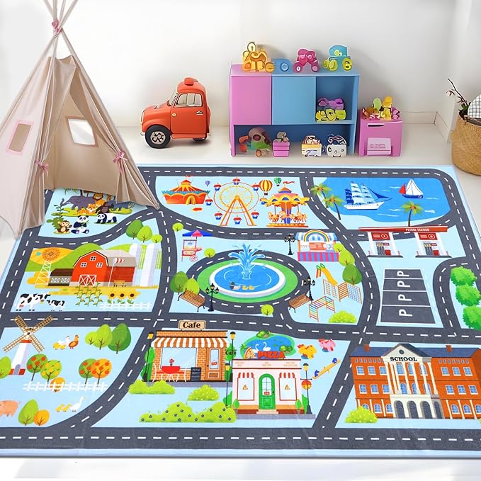 HEBE Kids Play Rug 3'4"x5' ABC Alphabet Numbers Shapes Educational Kid Area Rug Washable Baby Crawling Mat Non Slip Kid Play Mat Carpet for Girl Boy Bedroom Playroom