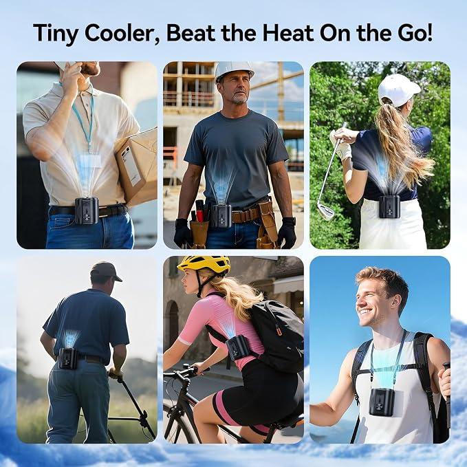 KIMMOO AI Portable Rechargeable Waist Fan with Ice Cooler, 24H Max Cooling, 100-Speed 20000RPM Turbo Cooling Battery Personal Fan, Hands-Free Shirt/Belt/Neck Fan for Work Outdoor Travel, Black