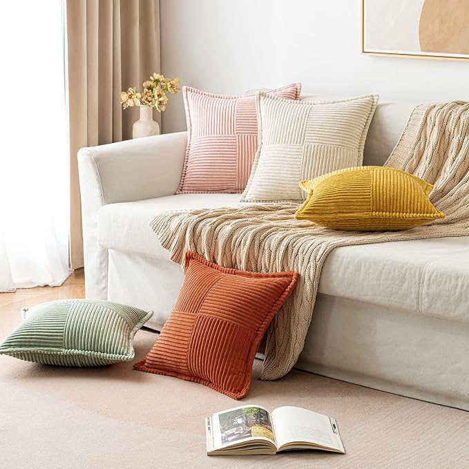 MIULEE Fall Rust Decorative Throw Pillow Covers for Couch Bed Livingroom 12x12 Inch Set of 2 Boho Accent Throw Pllows Broadside Striped Patchwork Soft Corduroy Pillowcases, Terracotta