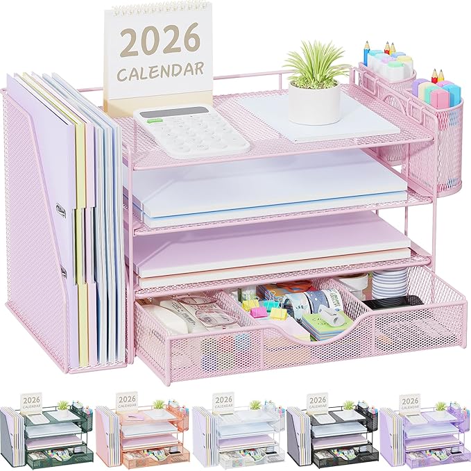 gianotter Desk Organizers and Accessories with File Holder, 4-Tier Desk Accessories & Workspace Organizers with Drawer and 2 Pen Holder, Paper Organizer for Office Supplies (Pink)