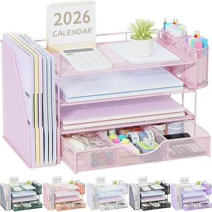 gianotter Desk Organizers and Accessories with File Holder, 4-Tier Desk Accessories & Workspace Organizers with Drawer and 2 Pen Holder, Paper Organizer for Office Supplies (Pink)