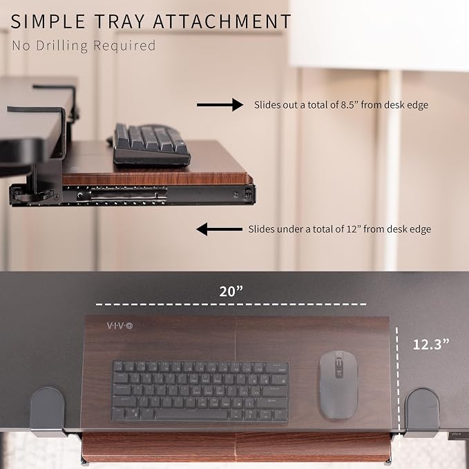 VIVO Small Keyboard Tray, Under Desk Pull Out with Extra Sturdy C Clamp Mount System, 20 (26 Including Clamps) x 11 inch Slide-Out Platform Drawer, Dark Walnut Top, Black Frame, MOUNT-KB05ES-D | Keyboard Tray for Typing, Slide Out Platform, Extra Sturd...
