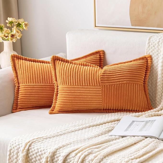 MIULEE Fall Burnt Orange Decorative Lumbar Throw Pillow Covers for Couch Bed Livingroom 12x20 Inch Set of 2 Boho Accent Throw Pllows Broadside Striped Patchwork Soft Corduroy Pillowcases