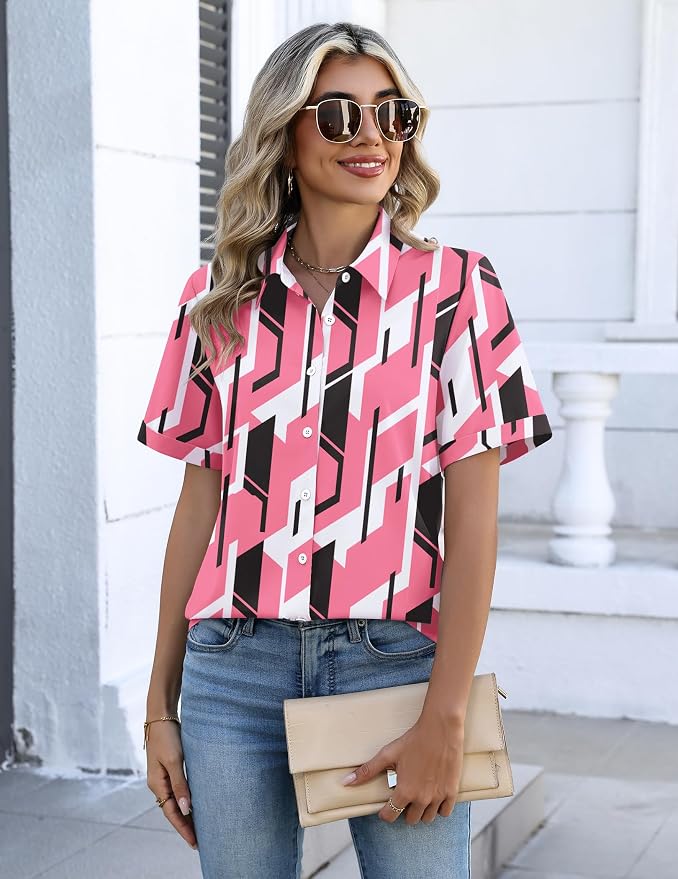 Zeagoo Button Down Shirts for Women Short Sleeve Collared Tops Dressy Casual V Neck Blouses