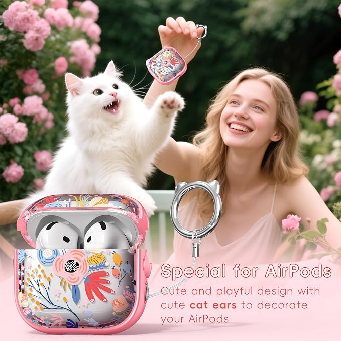for AirPods 4 Case with Cleaning Kit, Cute Cat Ear Print Design & Cute Buckle, Inverted Phone Holder Design, Top Safe Lock Buckle Design, for Girls AirPods 4 case 2024,Clear Flowers