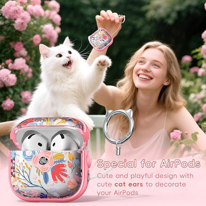 for AirPods 4 Case with Cleaning Kit, Cute Cat Ear Print Design & Cute Buckle, Inverted Phone Holder Design, Top Safe Lock Buckle Design, for Girls AirPods 4 case 2024,Clear Flowers
