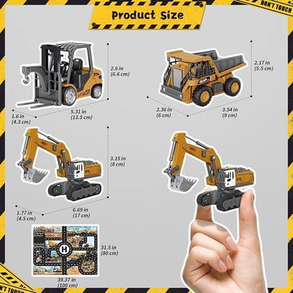 RC Construction Vehicles Toys Set 3 in 1 with Mini Excavator Dump Truck Forklift Real Lights & Sounds and Movable Parts & Traffic Sign Construction Site Map USB Charge Birthday Gifts for Kids Adults