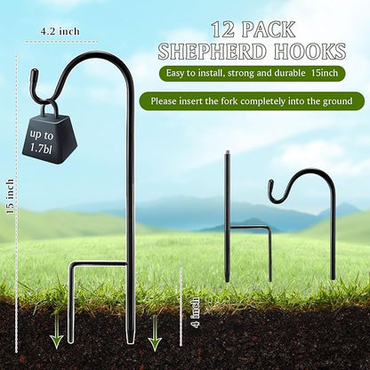 15inch 12 Pcs Adjustable Shepherds Hook for Outdoor Metal Rust Resistant Steel Shepard Hooks for Bird Stand Feeder Pole, Weddings Decor, Garden Plant Basket, Outside Hanging Solar Lights