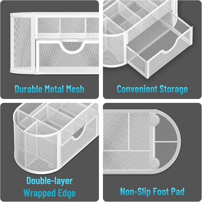 Mesh Desk Organizer with Drawer, 9-Compartment Pen Holder for Desk, White | Pull-Out Drawer Stores Pens, Pencils, Clips, Notes, and Small Office or School Supplies in One Compact Desk Caddy