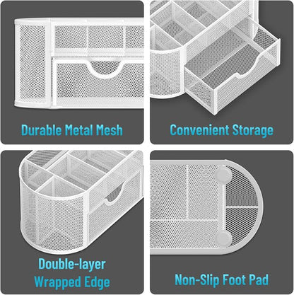 Mesh Desk Organizer with Drawer, 9-Compartment Pen Holder for Desk, White | Pull-Out Drawer Stores Pens, Pencils, Clips, Notes, and Small Office or School Supplies in One Compact Desk Caddy
