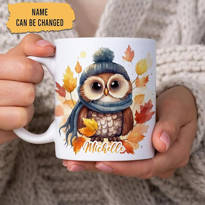 Hyturtle Personalized Fall Owl Maple Leaves Coffee Mug Gifts on Birthday | Gifts For Owl Lovers - Fall Autumn Decor Gifts For Farmhouse Thanksgiving - Custom Name 11oz White Ceramic Coffee Tea Mug
