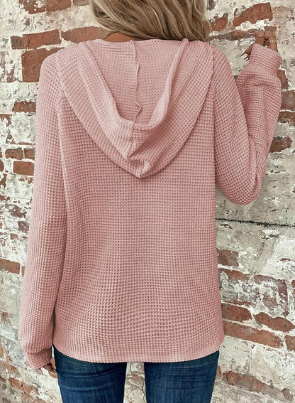 Dokotoo Hoodies for Women Waffle Knit Long Sleeve Drawstring Button V Neck Casual Sweatshirt Hooded Tops Fashion Clothing