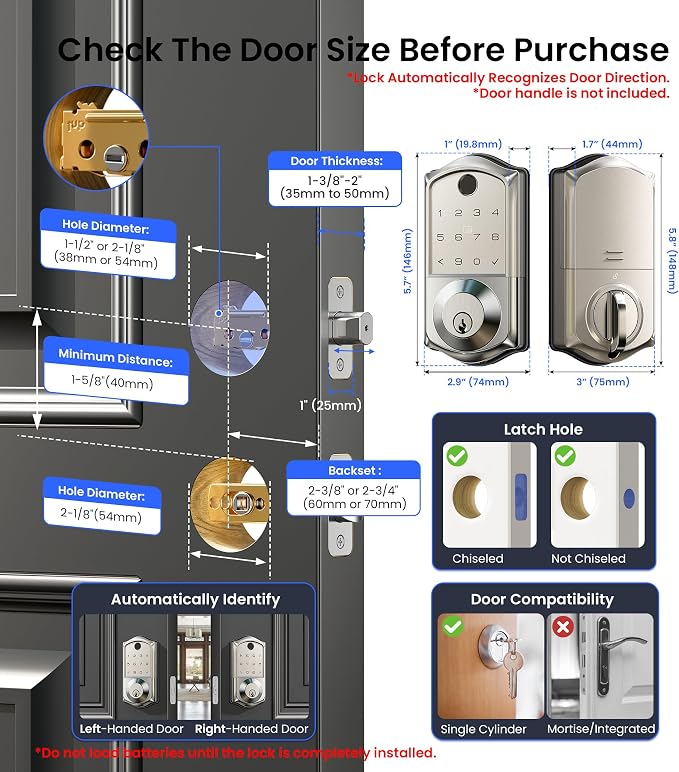 Veise VE017 Fingerprint Smart Door Lock, App Control, 8-in-1 Keyless Entry, Auto Lock, Emergency Power Port, Electronic Touchscreen Keypad, Biometric Smart Locks for Front Door, Satin Nickel