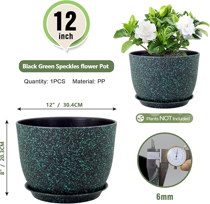 12 inch Large Plant Pots, Plastic Planters with Drainage Holes and Saucers, Flower Pots for Indoor Outdoor Plants, Decorative Pots for Garden House Plants, Black with Green Speckles
