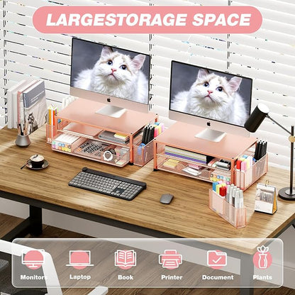 OPNICE Desk Organizers and Accessories, 2-Tier Computer Monitor Stand with Drawer and 2 Pen Holders, Laptop Stand, Office Desk Accessories for Office Supplies, Rose Gold