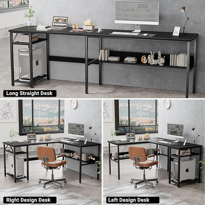 Unikito Reversible L Shaped Desk with Magic Power Outlets and USB Charging Ports, Sturdy Corner Computer Desk with Storage Shelves, Gaming Table Home Office Desk, Easy to Assemble, Black