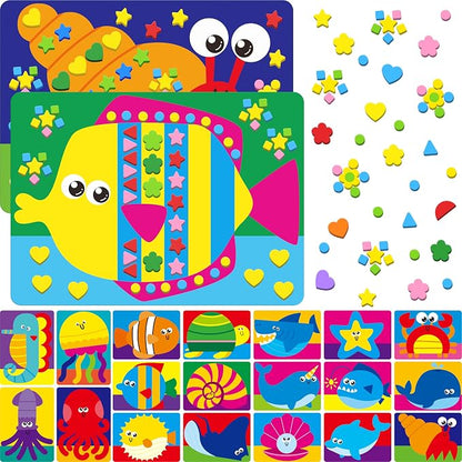 SpriteGru Foam Sticker Art Activity, 20 Marine Animals with 1660 Foam Stickers in 10 Colors Fun with DIY Activity Craft Kits Travel Game for Kids, Boys & Girls