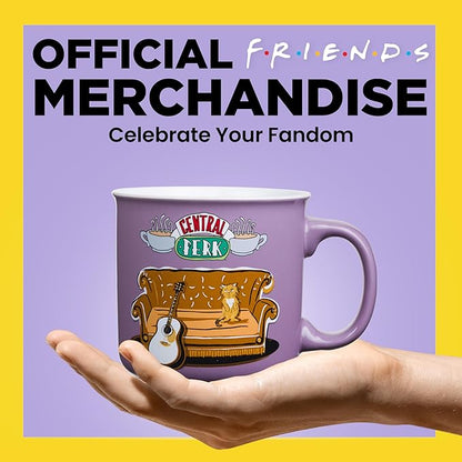 Silver Buffalo FRIENDS Central Perk Smelly Cat, Ceramic Camper Mug, 20oz | Iconic Orange Couch and Guitar, Pheobe's, 0.59 Liters