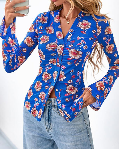 BTFBM Button Down Shirts for Women 2026 Fall Boho Tops V Neck Long Sleeve Blouses Ruched Mesh Fitted Fashion Clothing