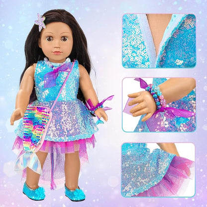 American 18 Inch Doll Makeup Accessories and Mermaid Clothes Set,Included 2 Pieces Clothes,Mermaid Messenger Bag,Starfish Hairpin,Lipstick,Necklace,Bracelet,Eye Shadow and Sticker(NO Doll and Shoes)
