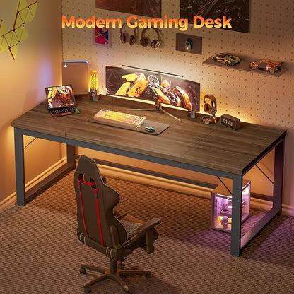 Mericonia 63x28 Inch Computer Desk, 1" Thick Large Office Table, Walnut | Modern Simple Style, Heavy Duty Industrial Frame, Large Study & Writing Table for Home Bedroom Work
