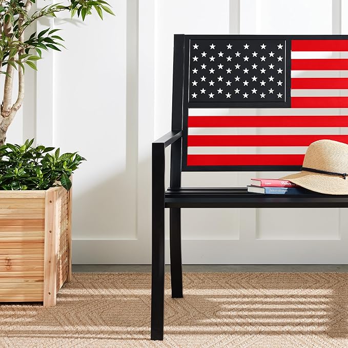 Best Choice Products Outdoor Bench 2-Person Steel Indoor/Outdoor Bench for Garden, Patio, Porch, Entryway w/American Flag, 790lb Capacity – Black/Red
