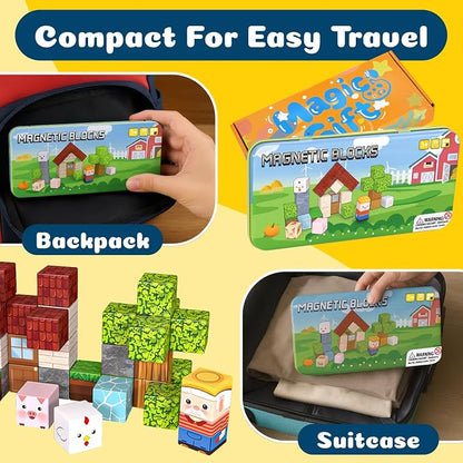 OAR Magnetic Blocks for Kids Ages 3-8 – 35 PCS Mini Magnetic Cubes Farm Animal Building Set, Travel Toy with Portable Iron Box, STEM Magnetic Tiles Gift for Toddlers, Boys & Girls