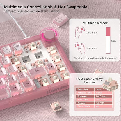 Womier 60% Percent Keyboard Pink Mechanical QMK/VIA Gaming Keyboard | Creamy Keyboard Topographic, Hot Swappable Gasket Mount RGB Wired Key board & Translucent Keycaps (VK66 PRO)