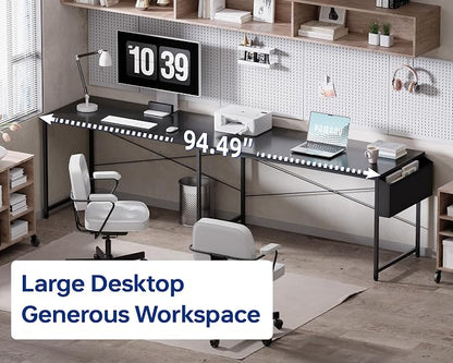 Pamray 64.5 Inch Reversible L Shaped Gaming Desk Large Corner Computer Desk with Storage Bag Home Office Table for Writing Study Vintage