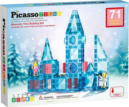 PicassoTiles 71pc Mini Diamond Series Winter Ice Theme Magnetic Tile Building Blocks 2 Character Action Figures Travel Size On-the-Go Magnet Construction Toy Set STEM Development Kit Ages 3+ PTM71