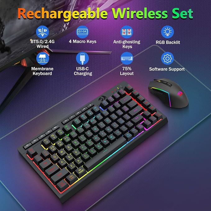 Redragon Wireless Gaming Keyboard and Mouse Combo, 75% Portable, Black | Bluetooth/2.4G/USB-C Wired, RGB Backlit, Quiet Rechargeable Macro Membrane Keyboard & 12800 DPI Mouse for Win/MAC