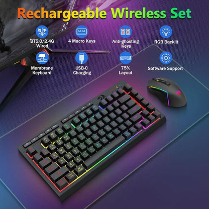 Redragon Wireless Gaming Keyboard and Mouse Combo, 75% Portable, Black | Bluetooth/2.4G/USB-C Wired, RGB Backlit, Quiet Rechargeable Macro Membrane Keyboard & 12800 DPI Mouse for Win/MAC